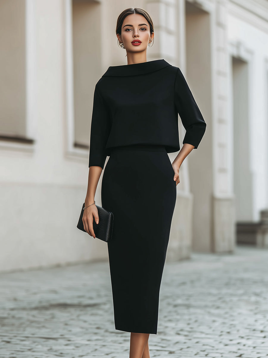 Elegancka Sukienka Midi z Rękawem 3/4 Damska