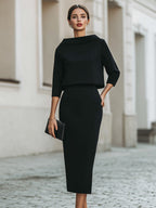Elegancka Sukienka Midi z Rękawem 3/4 Damska