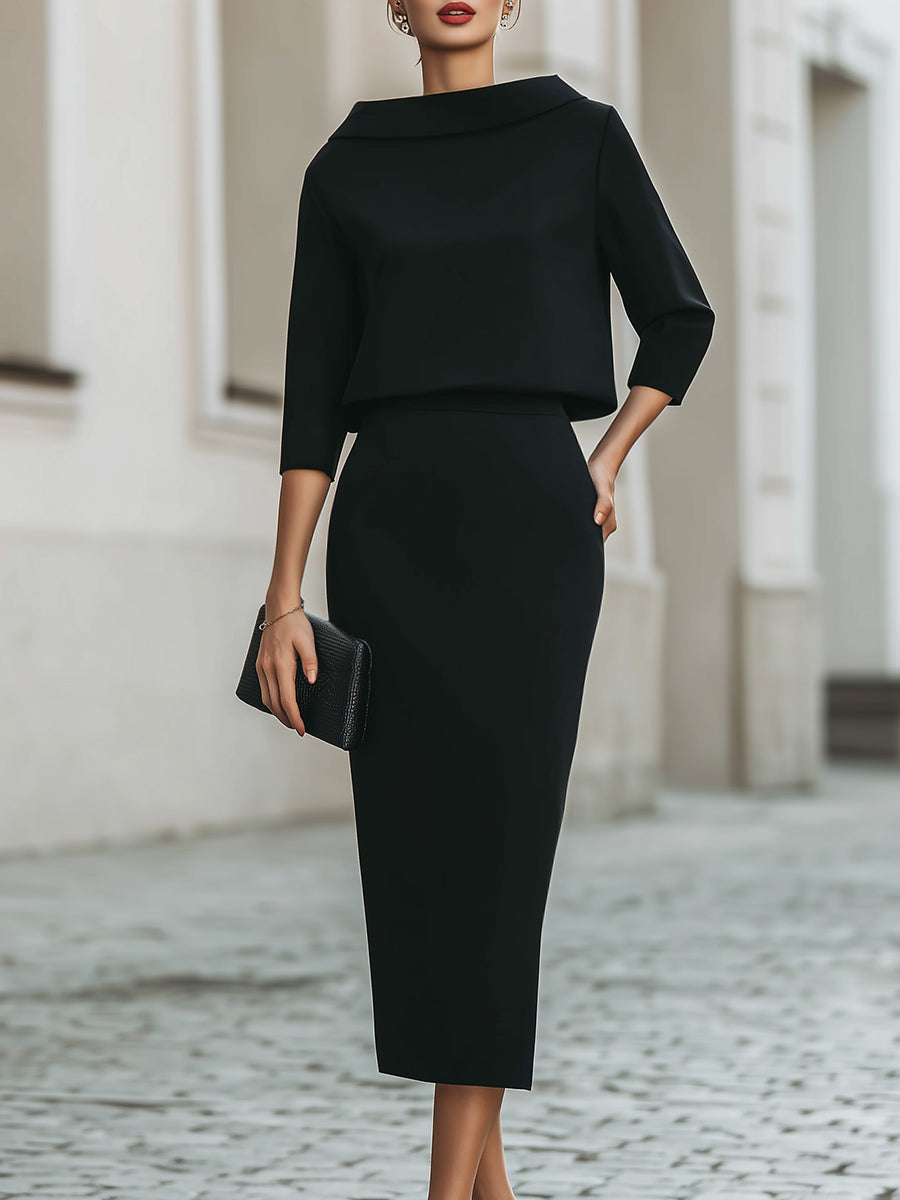 Elegancka Sukienka Midi z Rękawem 3/4 Damska