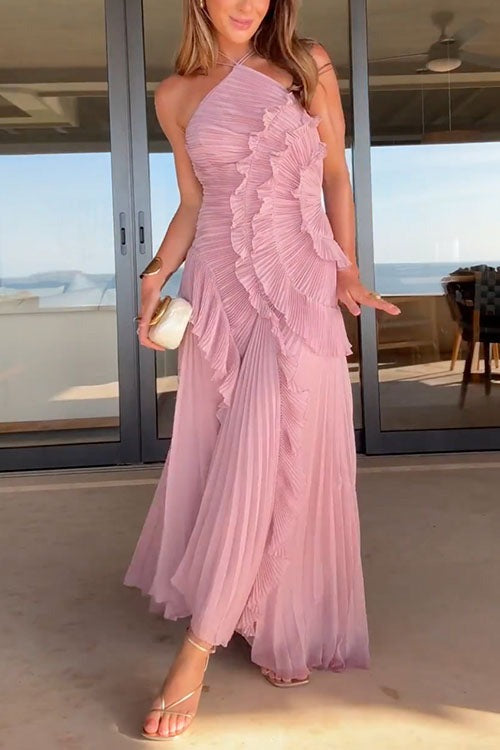 Women's Pleated Maxi Dress with Ruffle