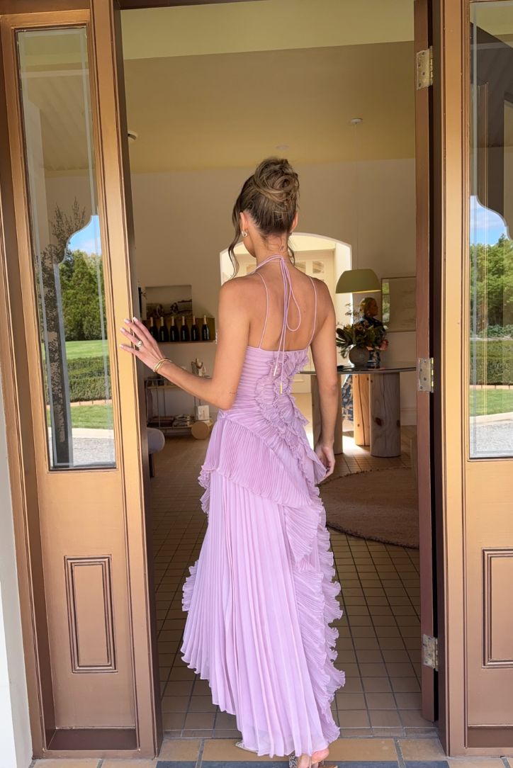 Women's Pleated Maxi Dress with Ruffle
