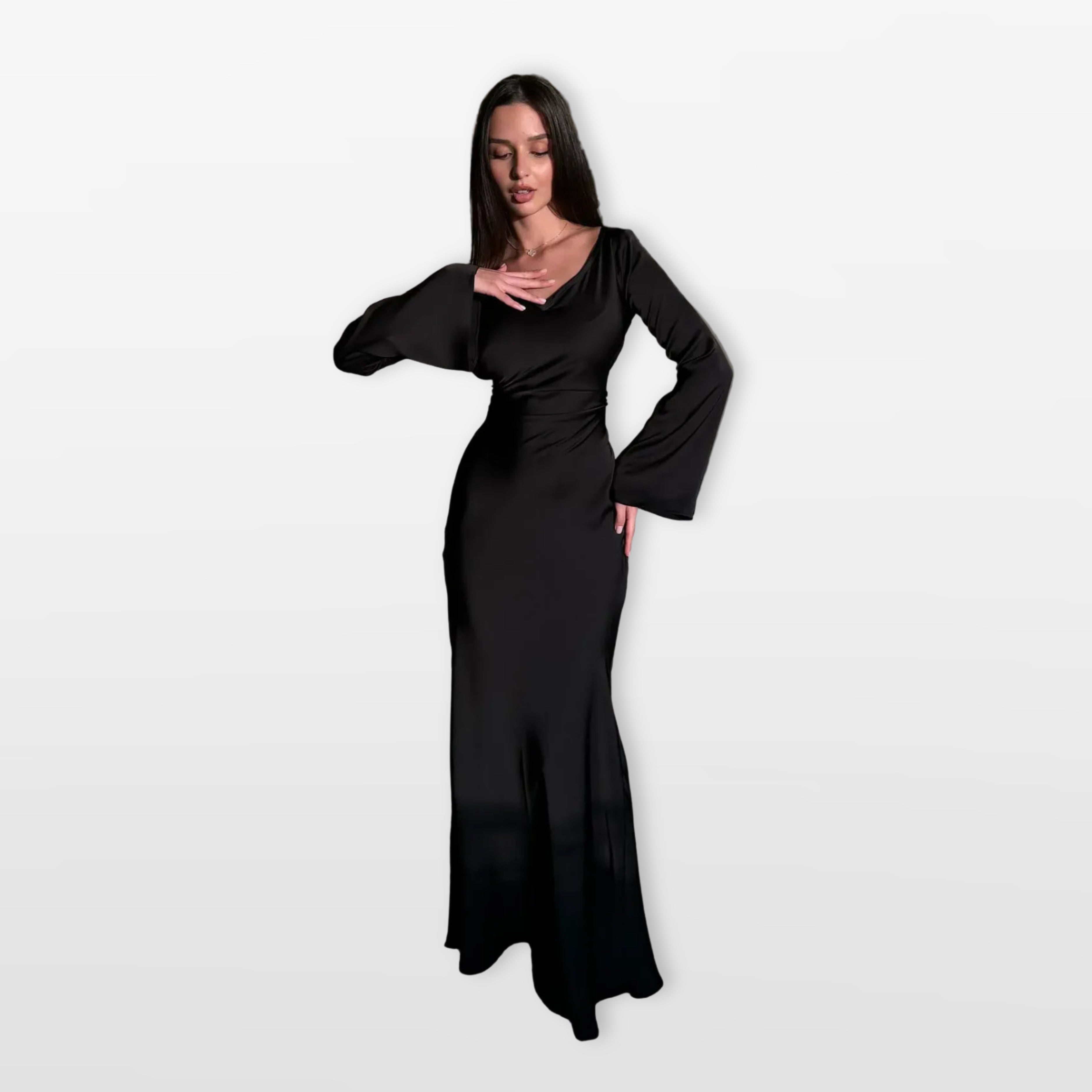 Sukienka Maxi Satynowa Długi Rękaw Elegancka Damskie