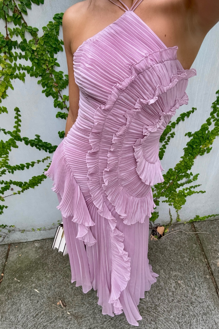 Women's Pleated Maxi Dress with Ruffle