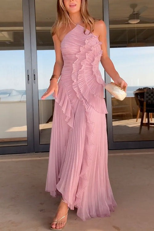 Women's Pleated Maxi Dress with Ruffle