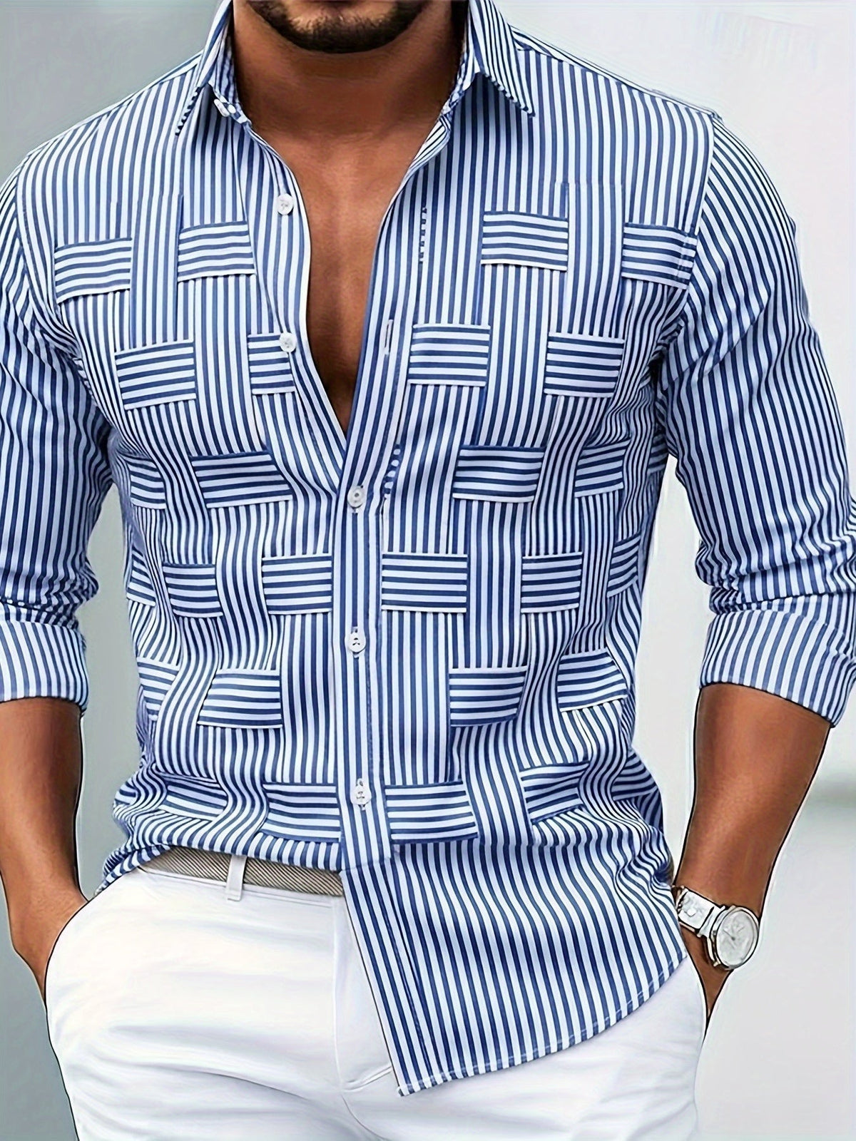 Camicia da uomo a righe geometriche a maniche lunghe
