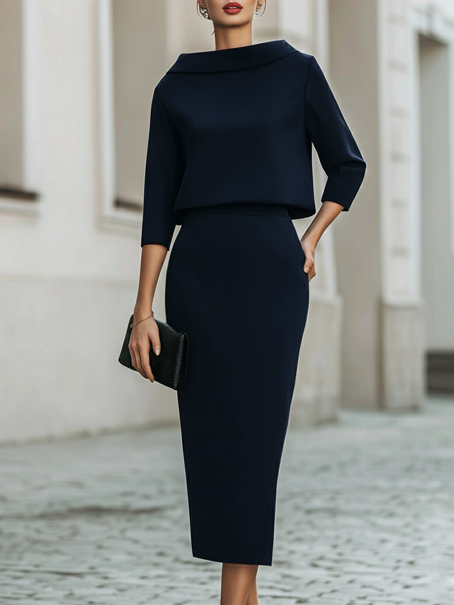 Elegancka Sukienka Midi z Rękawem 3/4 Damska