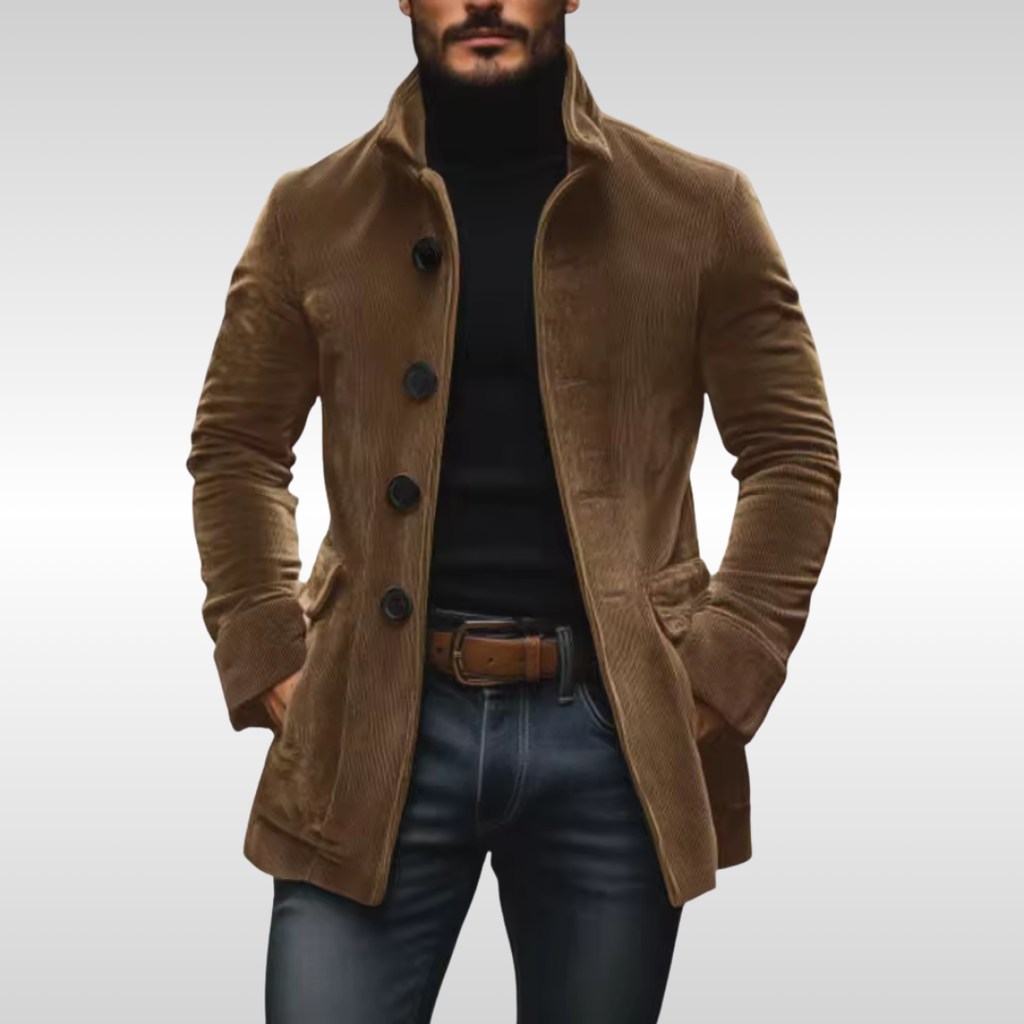 Men's Coat with a Stand Collar and Buttons