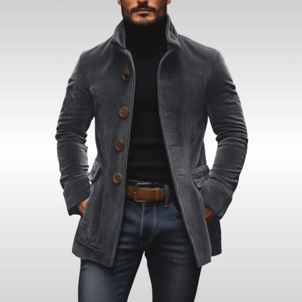 Men's Coat with a Stand Collar and Buttons