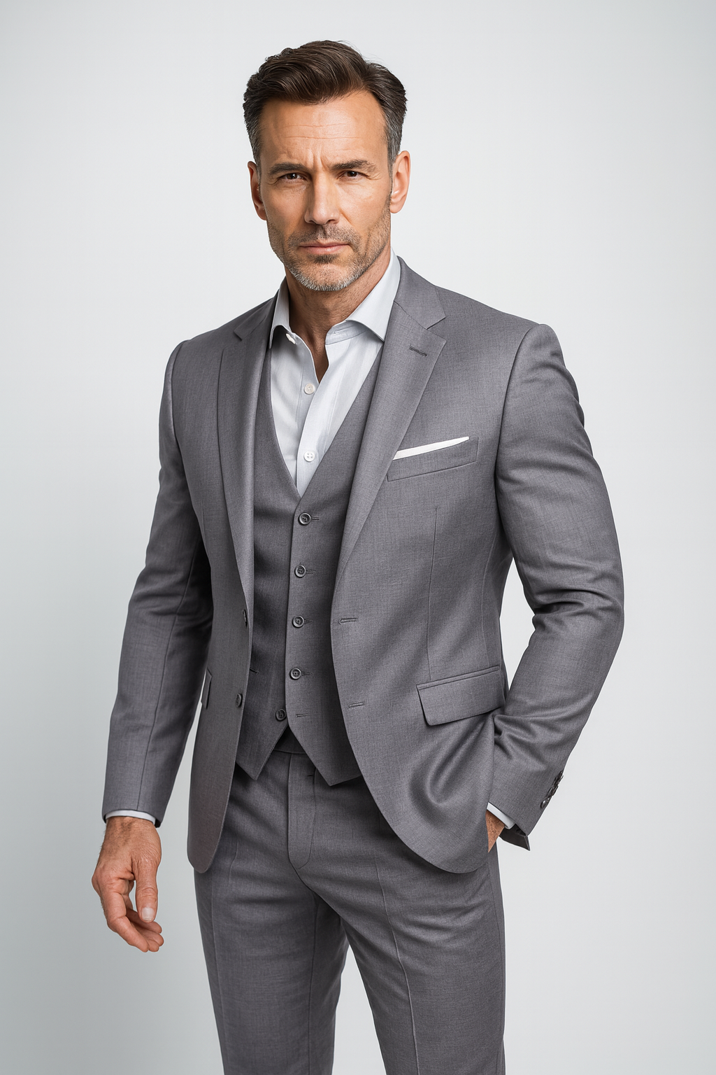 Elegantný trojdielny pánsky oblek s vestou a nohavicami slim fit