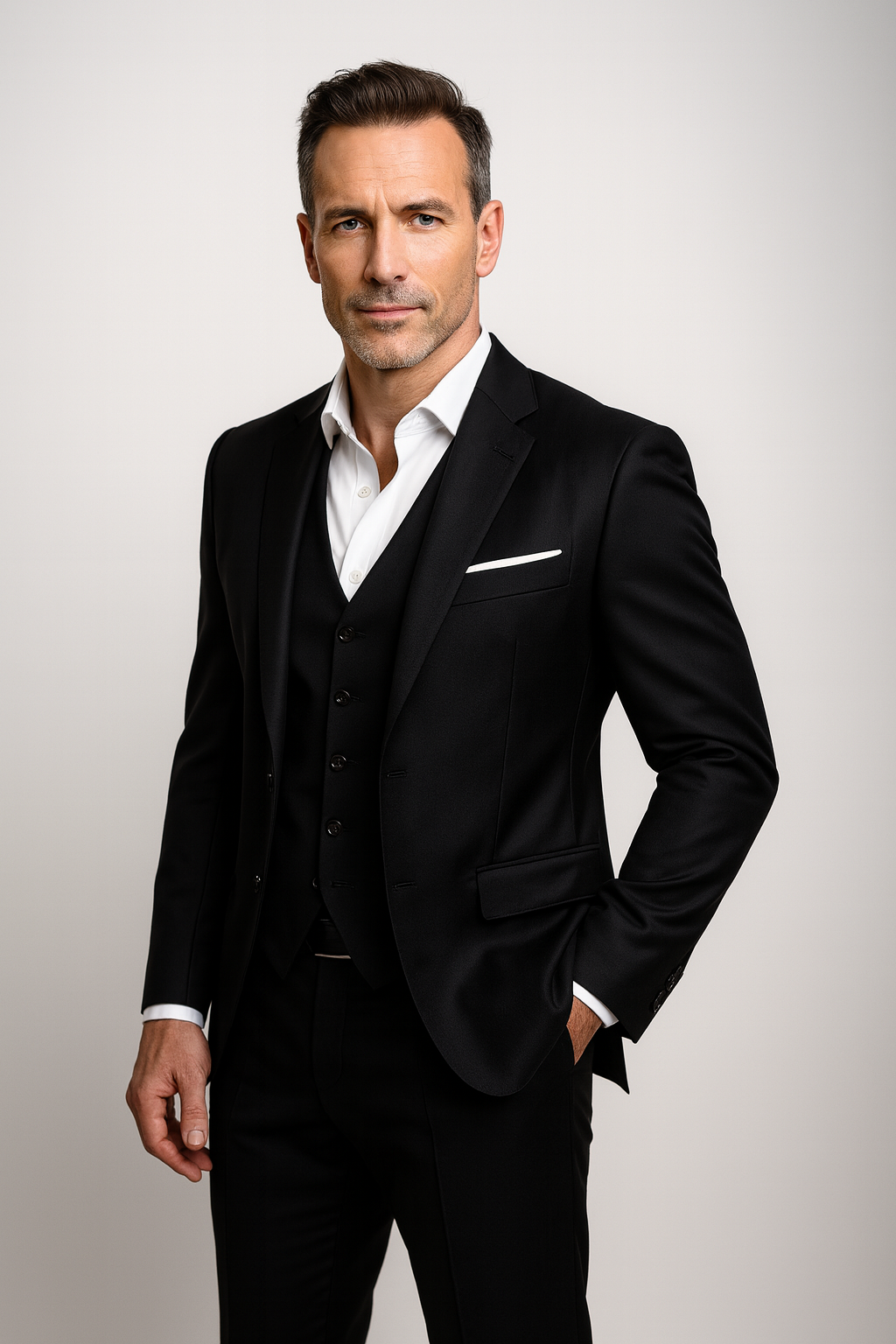 Elegantný trojdielny pánsky oblek s vestou a nohavicami slim fit