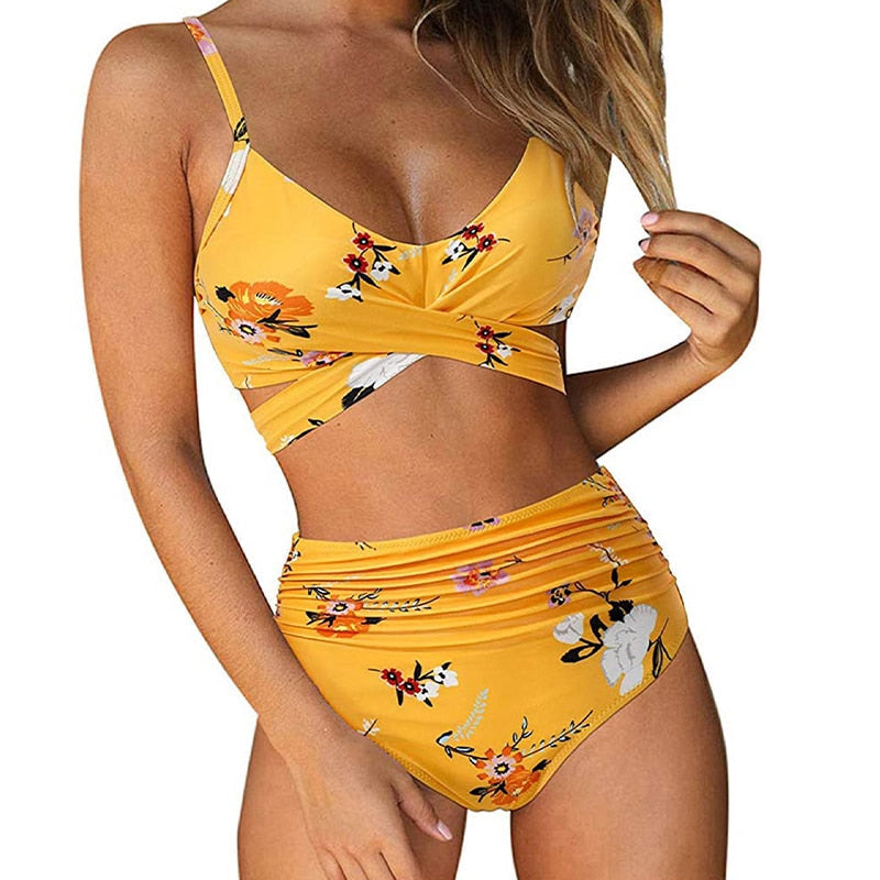 Bikini z Wysokim Stanem i Kwiatowym Dołem Damskie