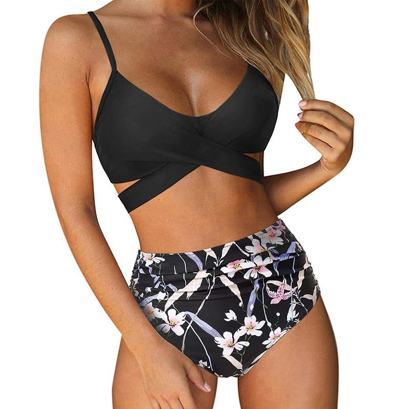 Bikini z Wysokim Stanem i Kwiatowym Dołem Damskie