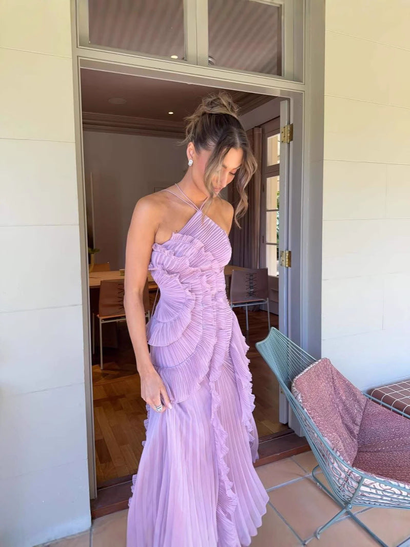 Women's Pleated Maxi Dress with Ruffle