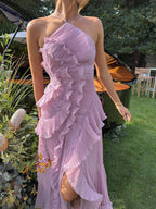 Women's Pleated Maxi Dress with Ruffle