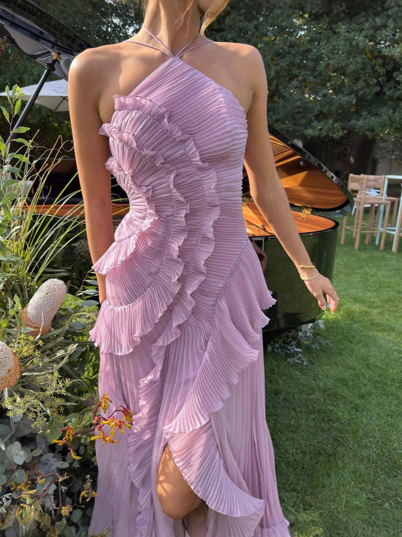 Women's Pleated Maxi Dress with Ruffle
