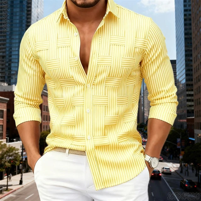 Camicia da uomo a righe geometriche a maniche lunghe