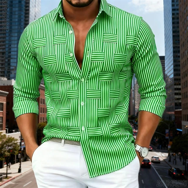 Camicia da uomo a righe geometriche a maniche lunghe