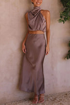 Saténová súprava halter maxi dámska