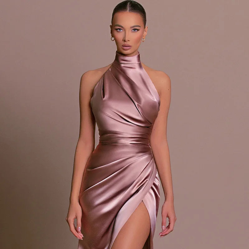 Elegancka Satynowa Sukienka Maxi z Rozcięciem Damska