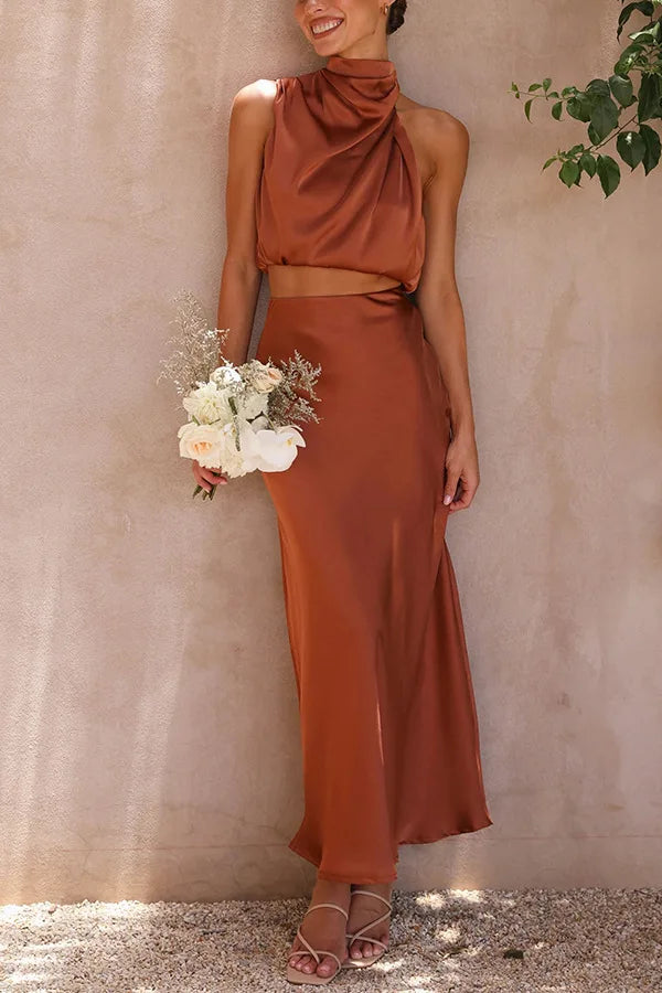 Saténový komplet halter maxi dámský