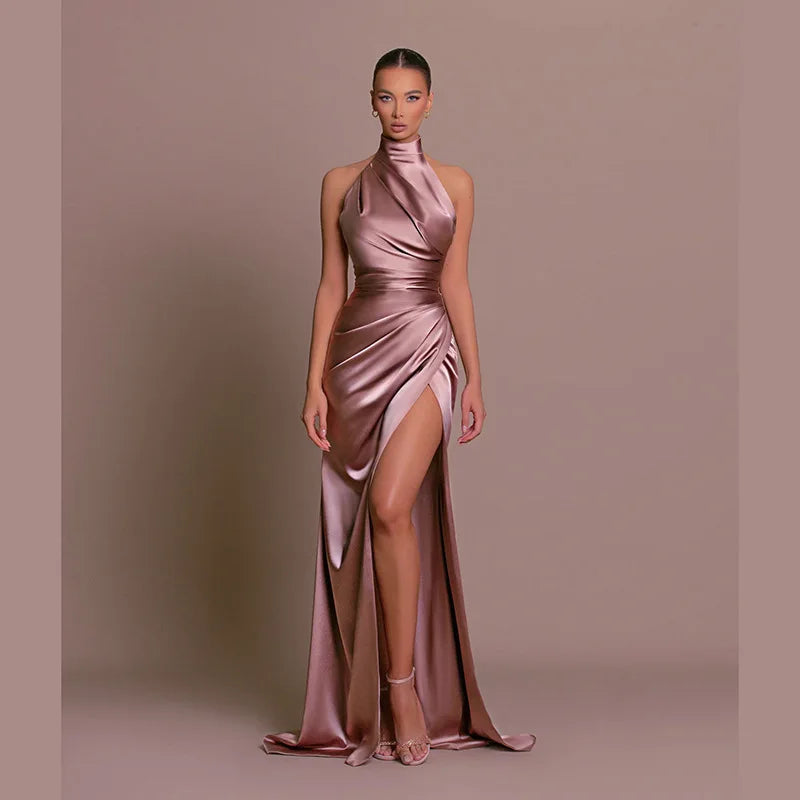 Elegancka Satynowa Sukienka Maxi z Rozcięciem Damska