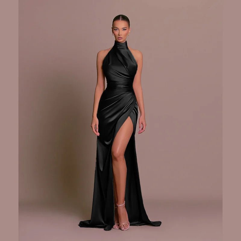 Elegancka Satynowa Sukienka Maxi z Rozcięciem Damska