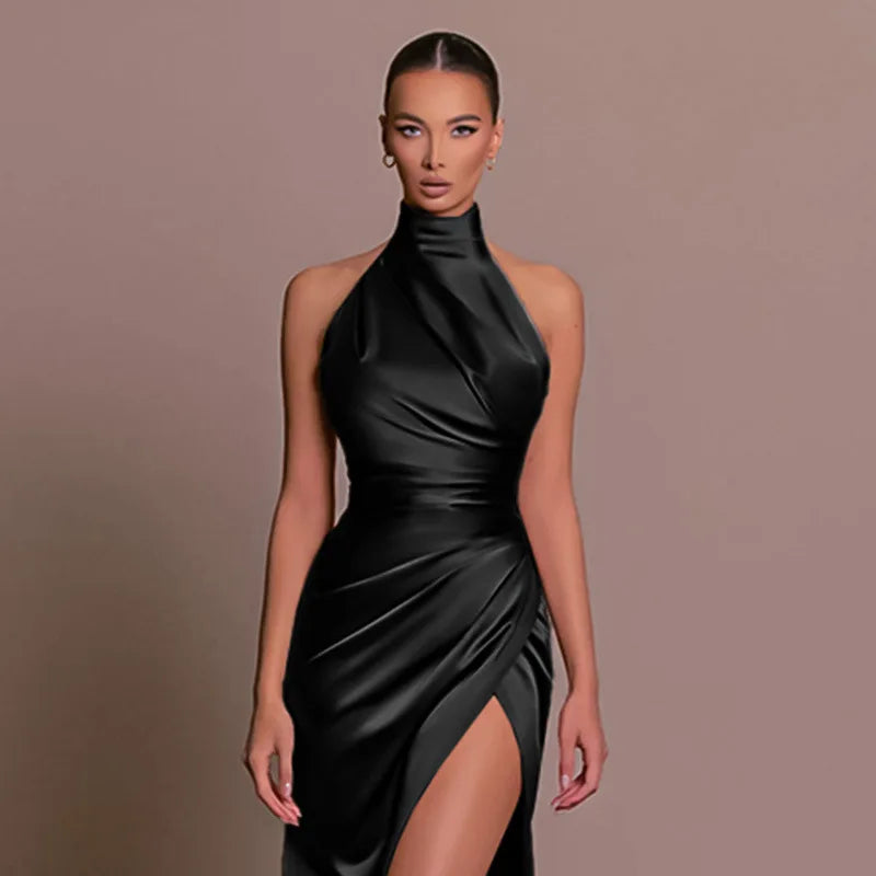 Elegancka Satynowa Sukienka Maxi z Rozcięciem Damska