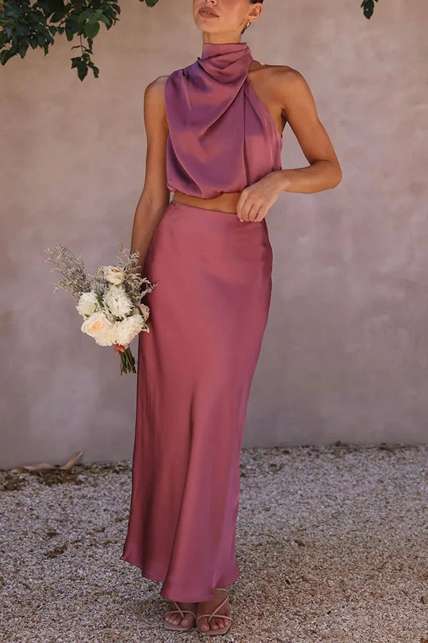 Saténový komplet halter maxi dámský