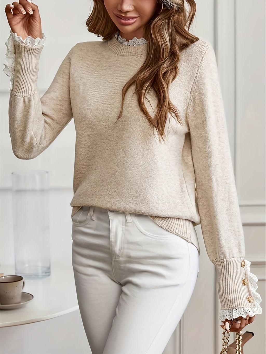 Sweter z Koronkowym Wykończeniem Damski