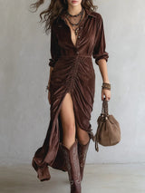 Rochie maxi-cămașă de damă cu fronseuri
