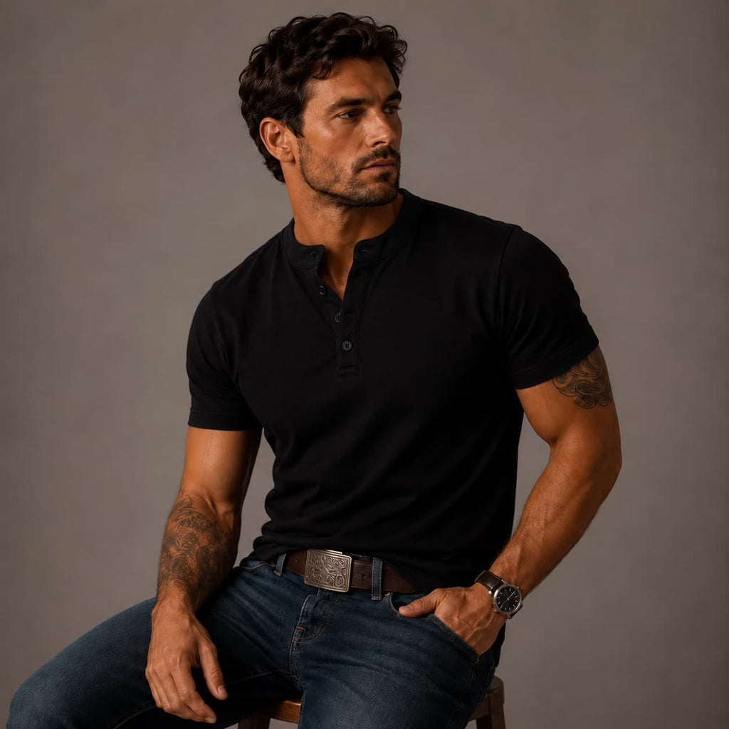 Ανδρική μπλούζα Henley με κοντά μανίκια