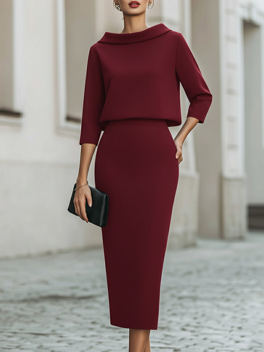 Elegancka Sukienka Midi z Rękawem 3/4 Damska