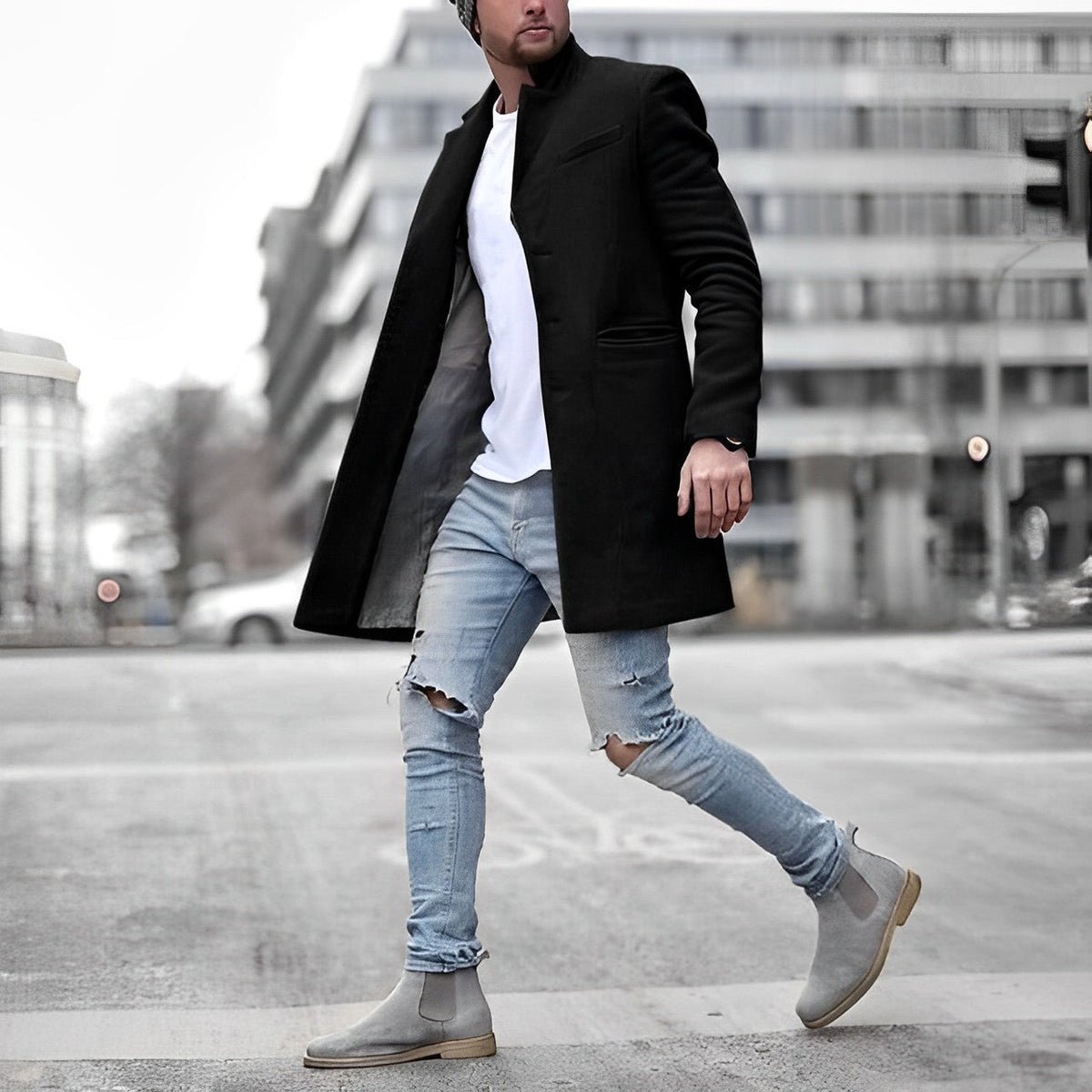 Elegancki Płaszcz Ze Stójką I Kieszeniami Męski