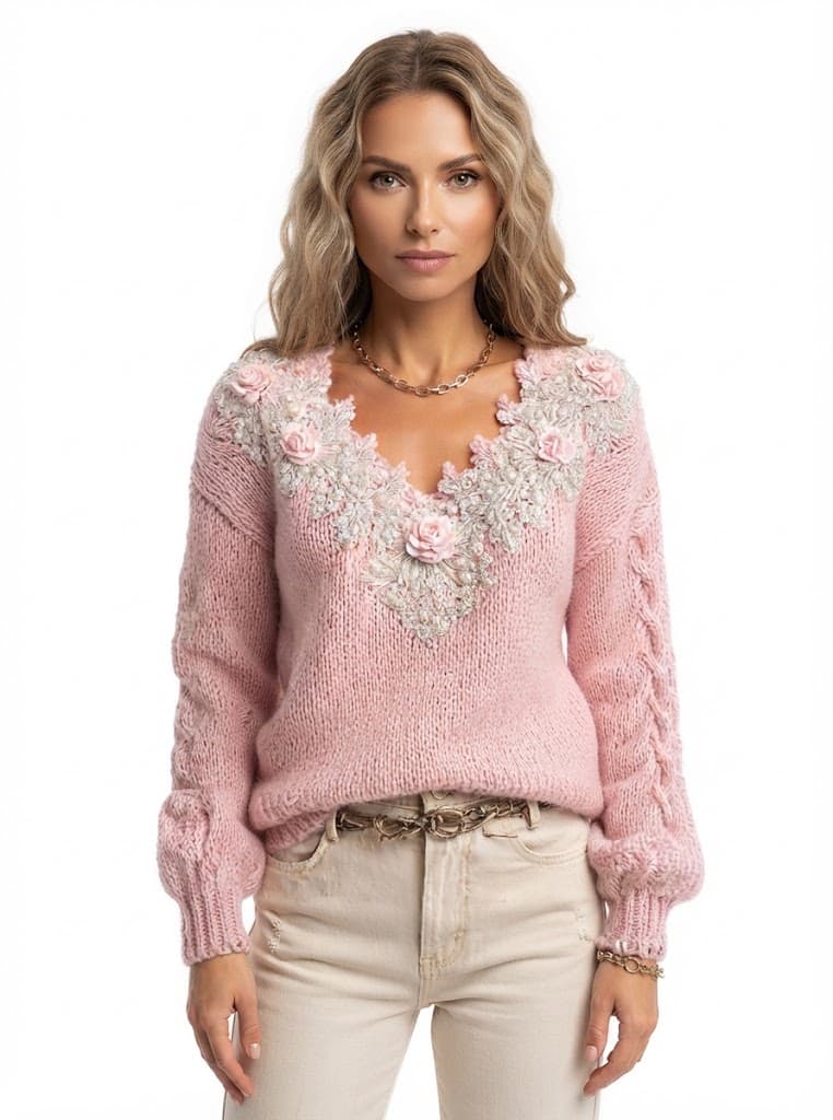 Sweter Z Kwiatową Aplikacją Damski
