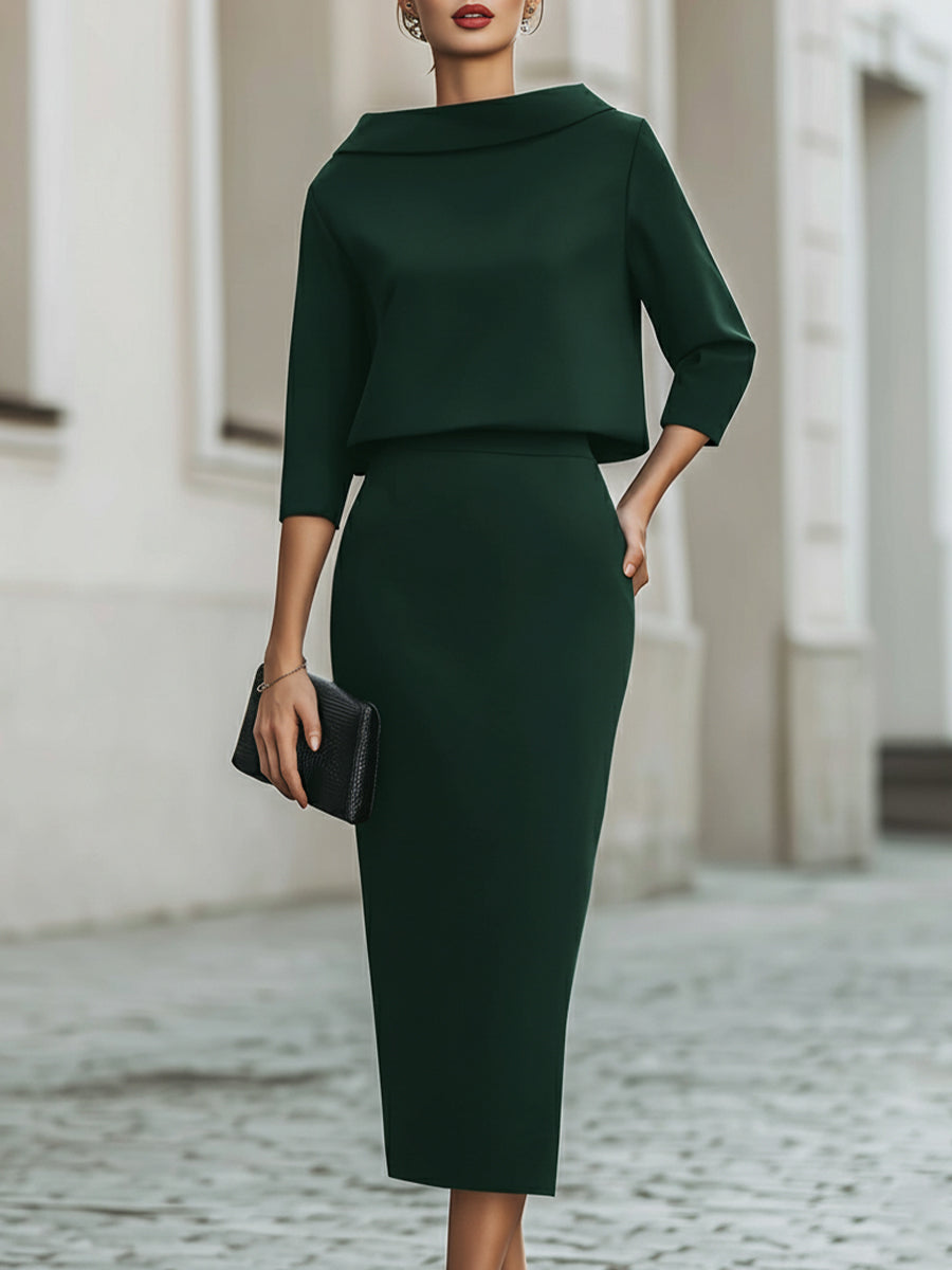 Elegancka Sukienka Midi z Rękawem 3/4 Damska
