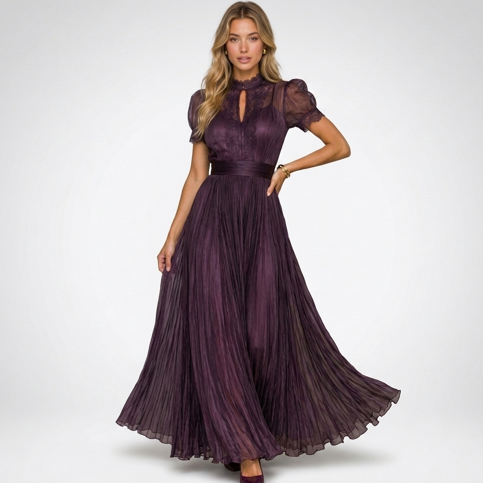 Elegancka Sukienka Maxi Plisowana z Koronką Damska