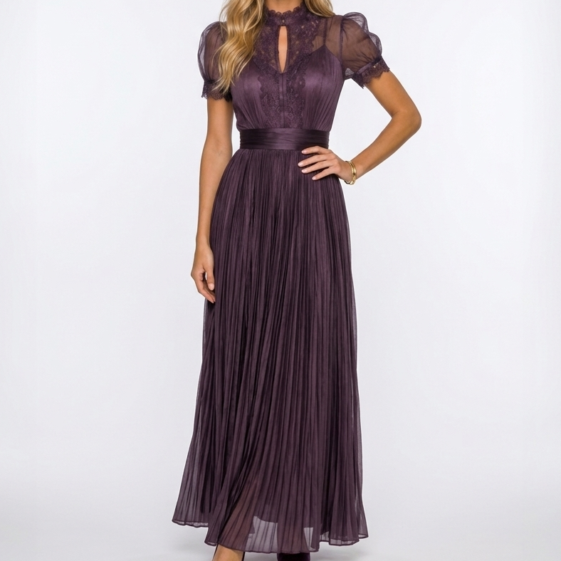 Elegancka Sukienka Maxi Plisowana z Koronką Damska