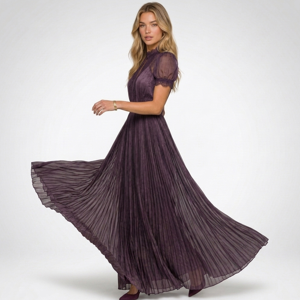 Elegancka Sukienka Maxi Plisowana z Koronką Damska