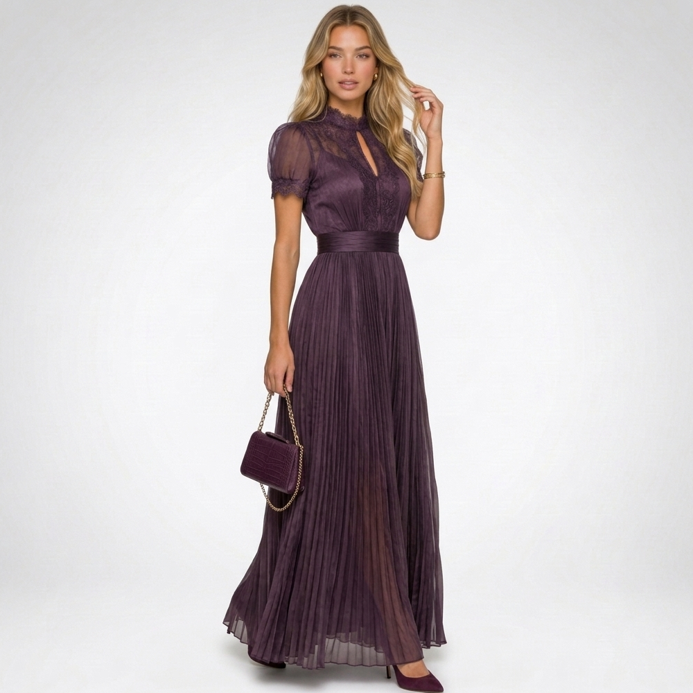 Elegancka Sukienka Maxi Plisowana z Koronką Damska