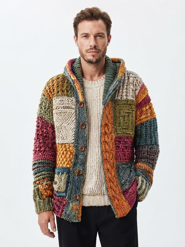 Herrecardigan med hætte og patchworkmønster