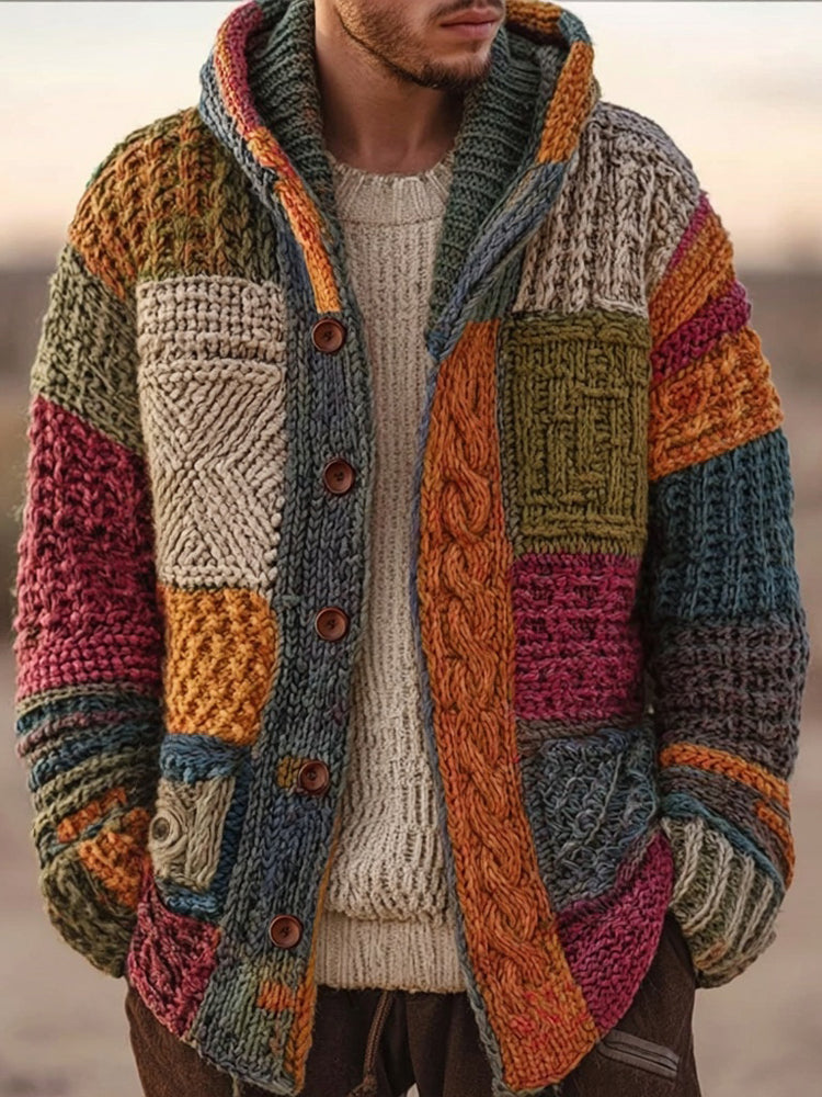Herrecardigan med hætte og patchworkmønster