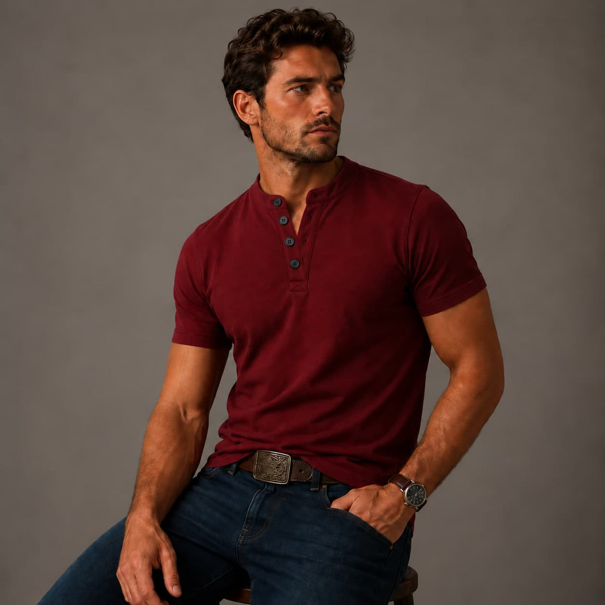 Ανδρική μπλούζα Henley με κοντά μανίκια