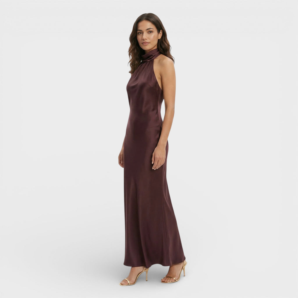 Satynowa Sukienka Maxi Halter Damska