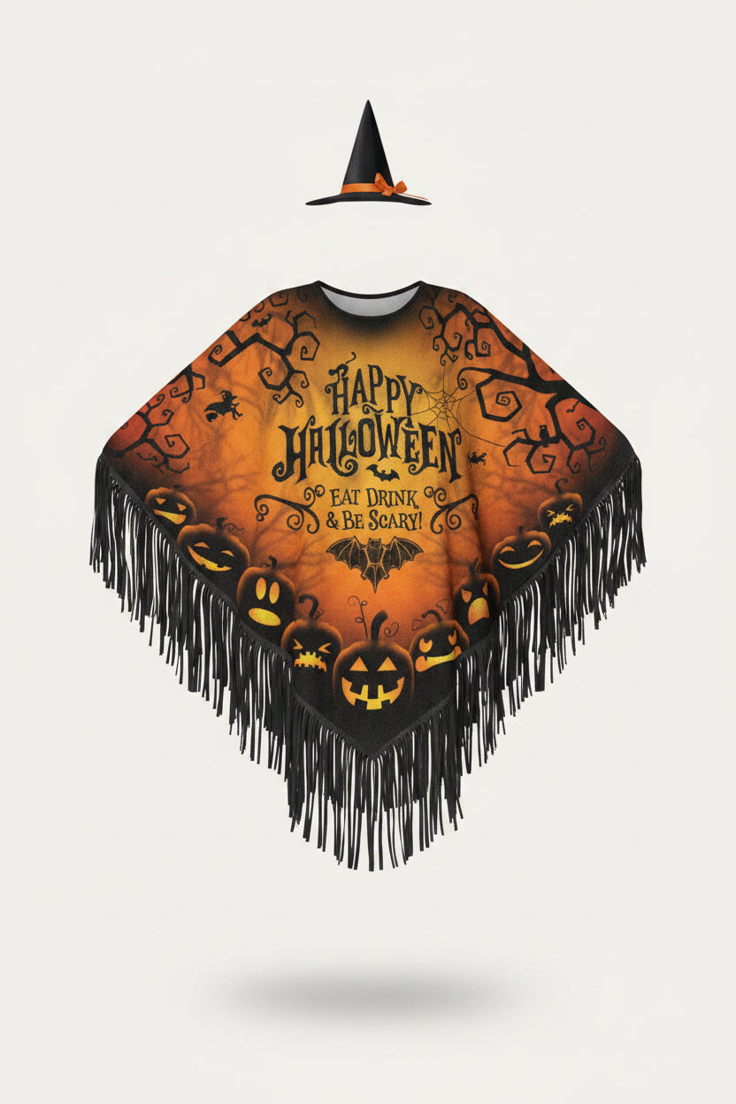 Poncho Halloween Z Frędzlami I Dyniami Damskie