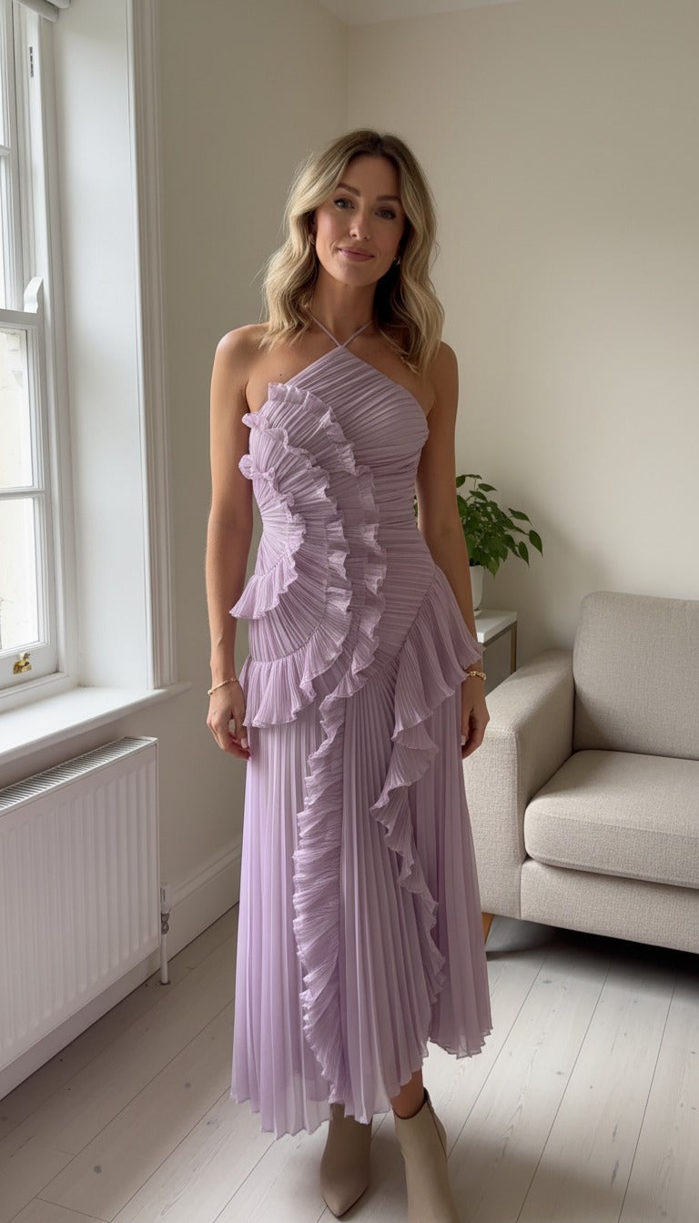 Women's Pleated Maxi Dress with Ruffle