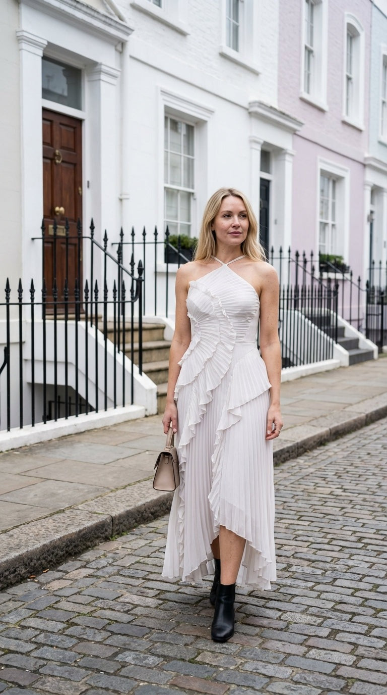 Women's Pleated Maxi Dress with Ruffle