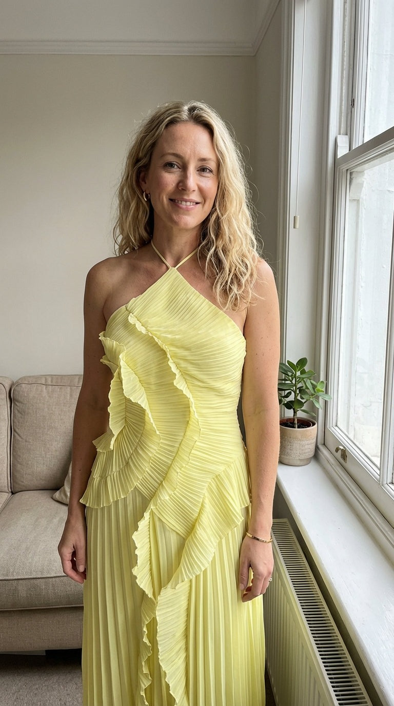 Women's Pleated Maxi Dress with Ruffle