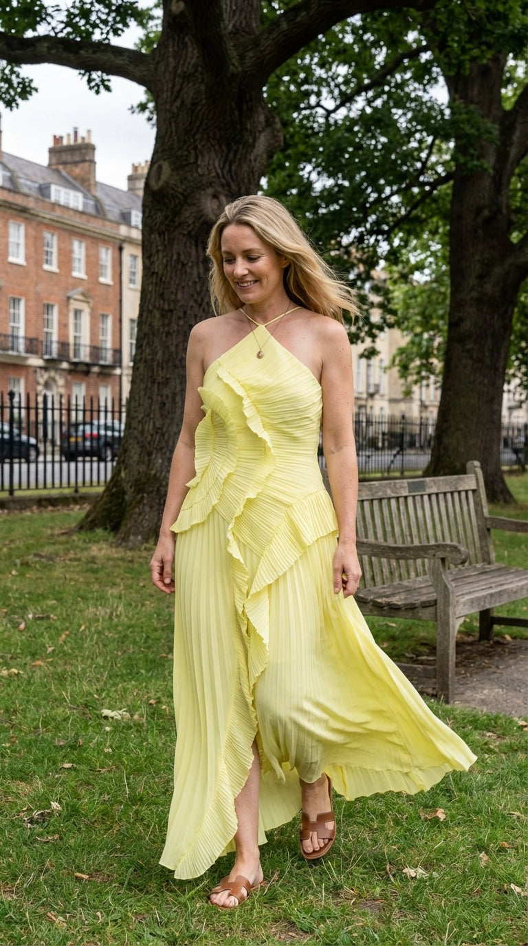 Women's Pleated Maxi Dress with Ruffle