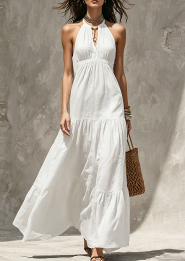 Dámské maxi šaty s volánky a halter výstřihem