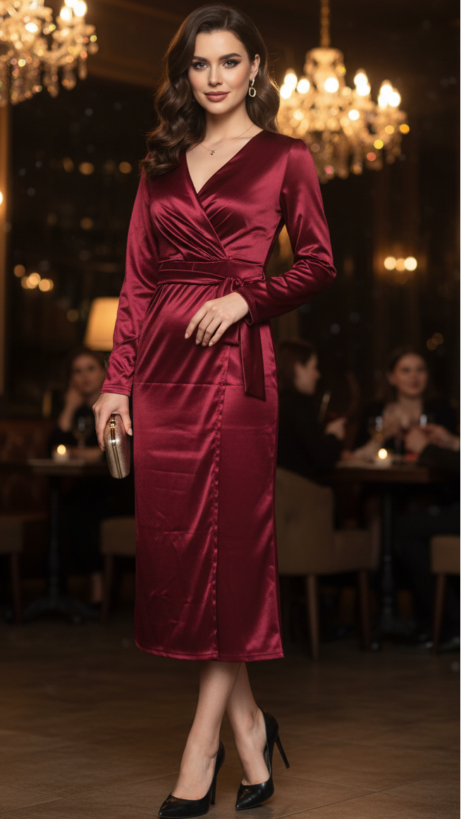 Elegantní dámské saténové midi šaty